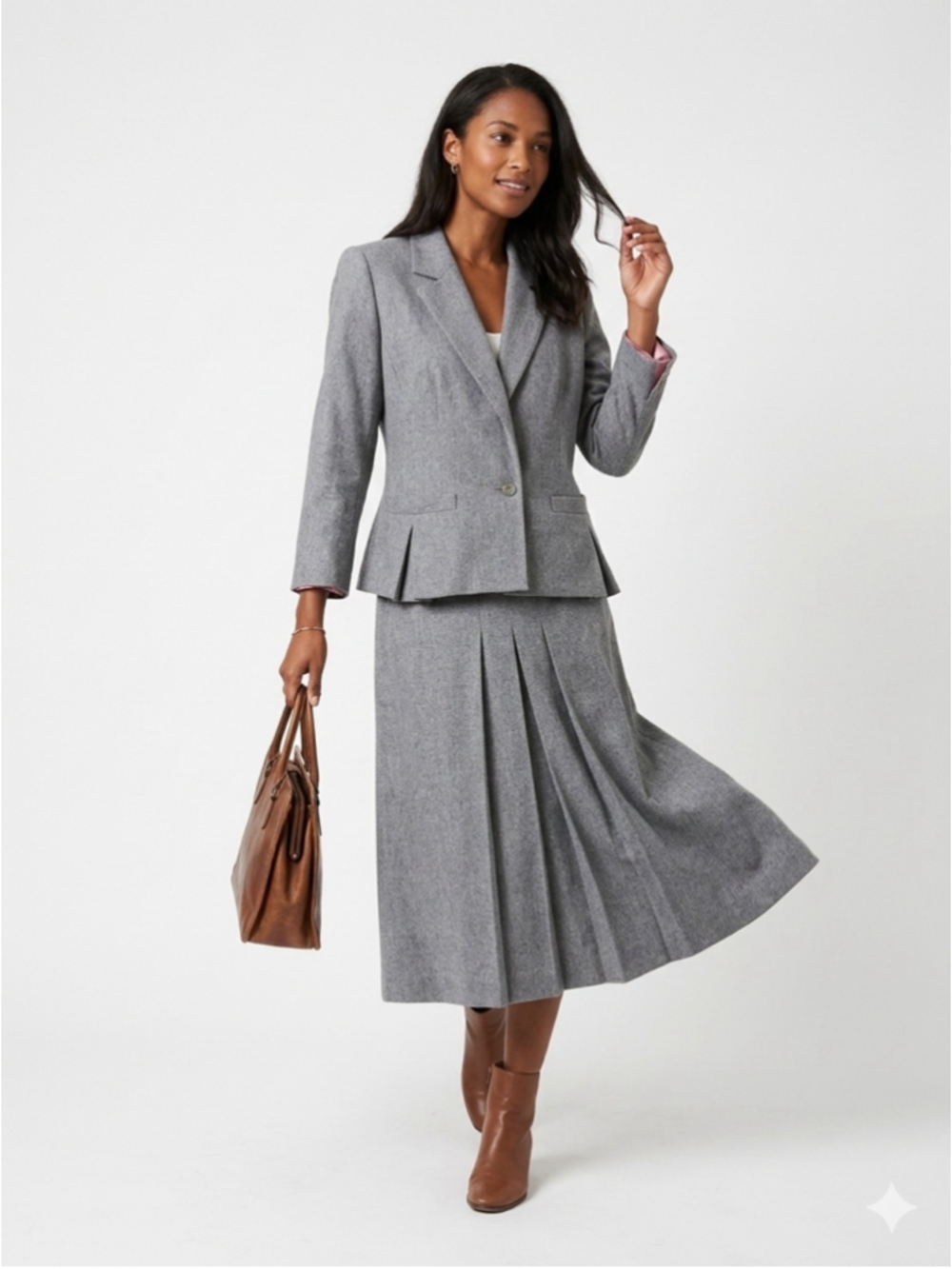Women's Vtg 80s Garey Petites Grey Pleated Midi Skirt & Blazer Suit Set Size 8P